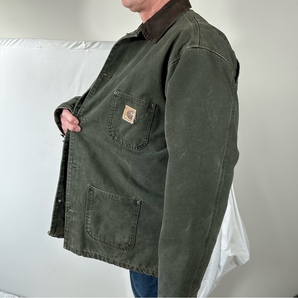 Vintage Carhartt Green Chore Jacket Blanket Lined Workwear Coat Brown Collar XL - Picture 16 of 16